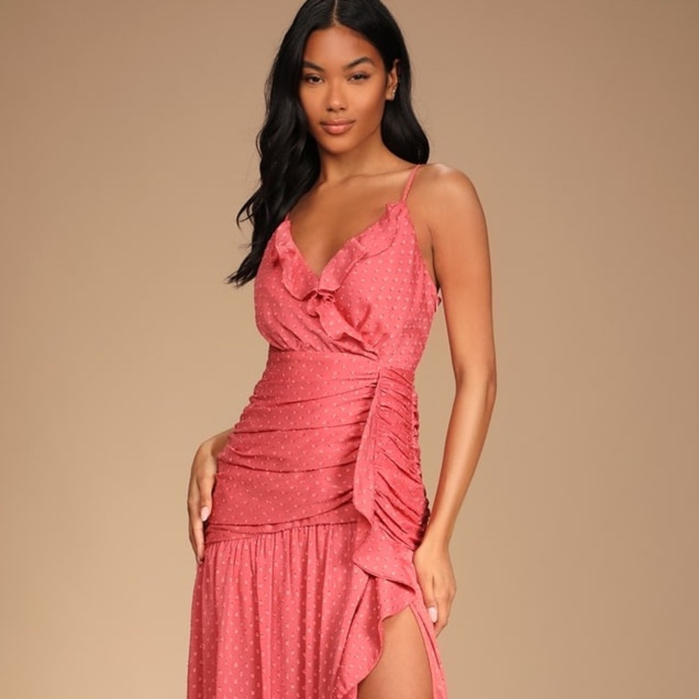 Lulus Season of Soirees Washed Red Clipped Dot Ruffled Maxi Dress - Picture 8 of 8
